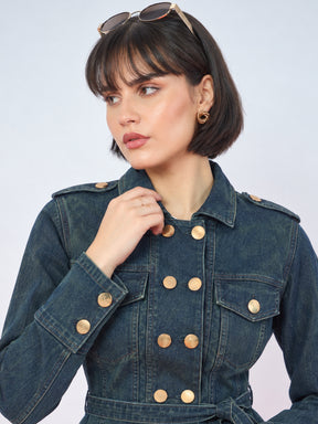 Blue Green Wash Denim Gold Button Peplum Belt Jacket-SASSAFRAS