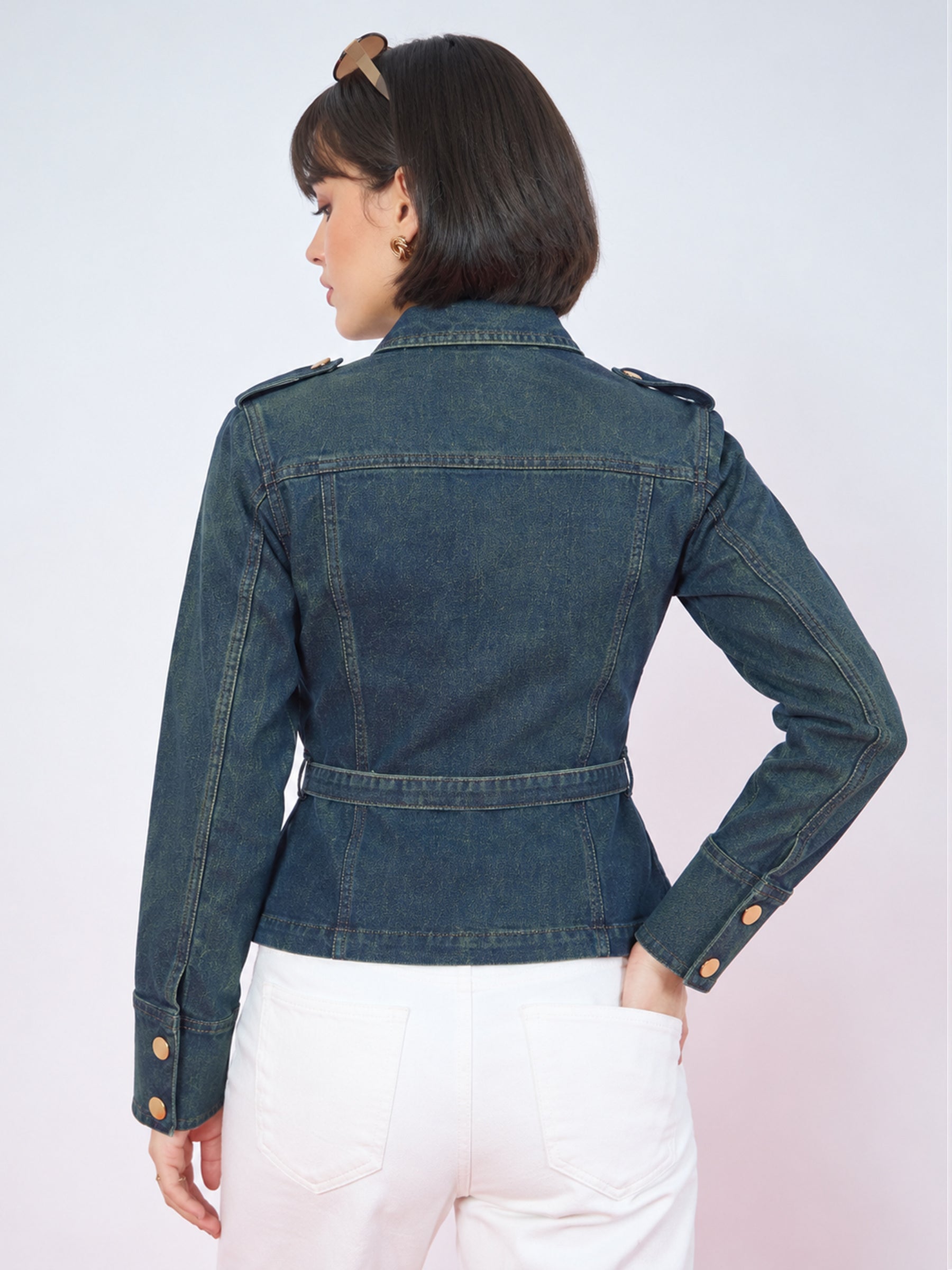 Blue Green Wash Denim Gold Button Peplum Belt Jacket-SASSAFRAS