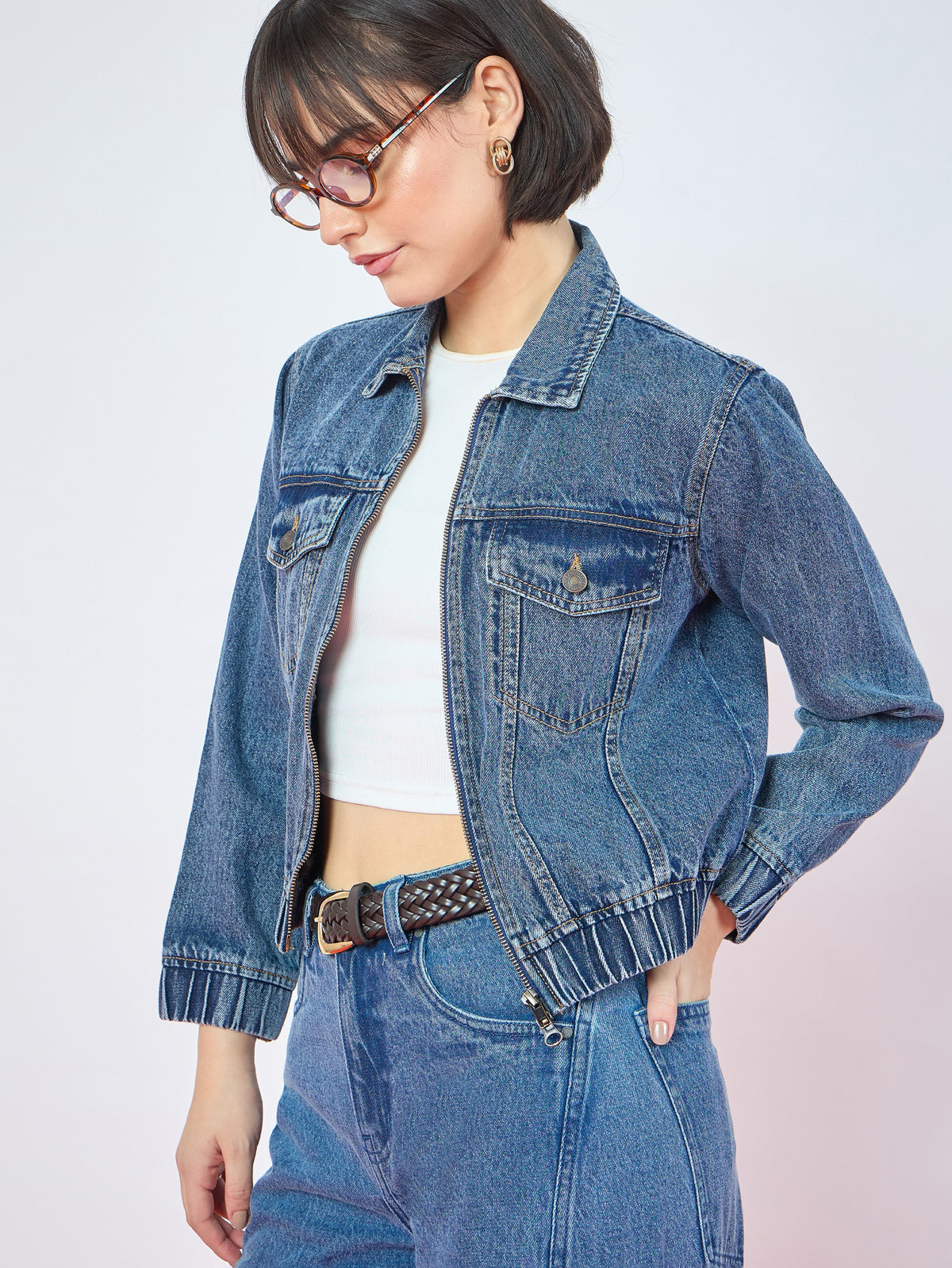 Blue Wash Double Side Zipper Denim Jacket-SASSAFRAS
