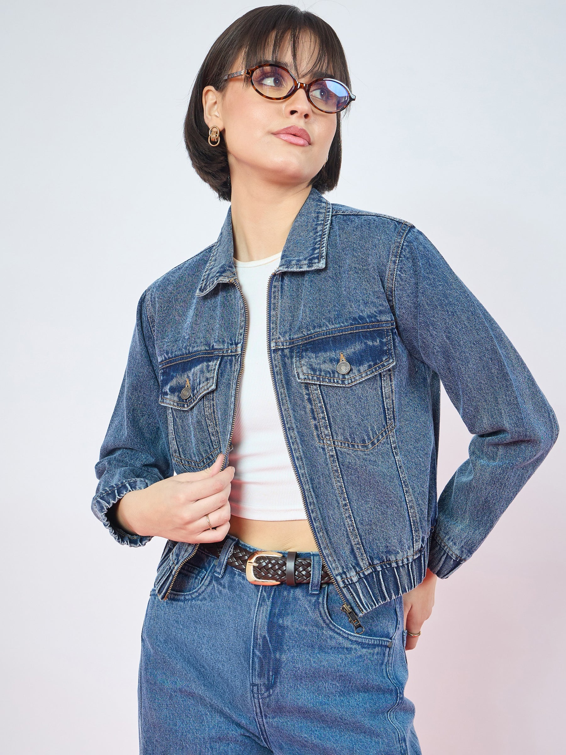 Blue Wash Double Side Zipper Denim Jacket-SASSAFRAS