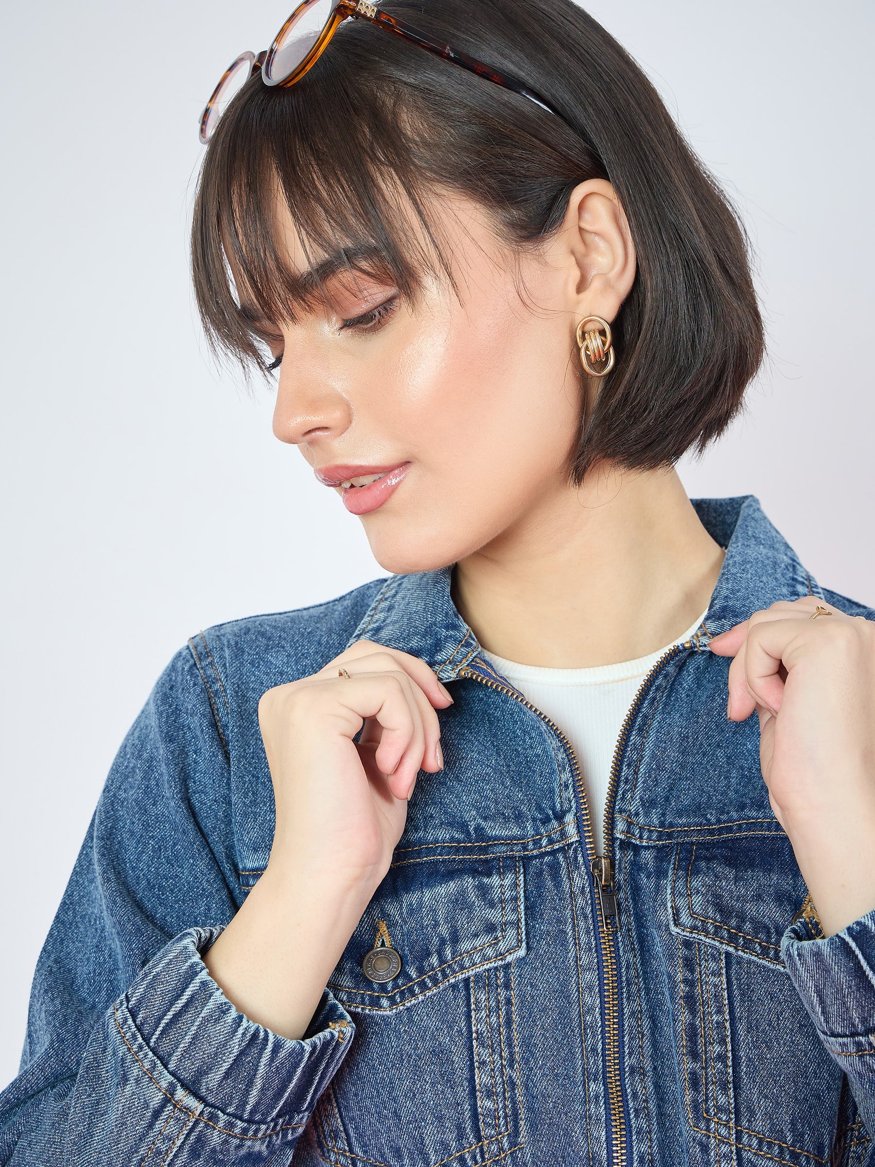 Blue Wash Double Side Zipper Denim Jacket-SASSAFRAS