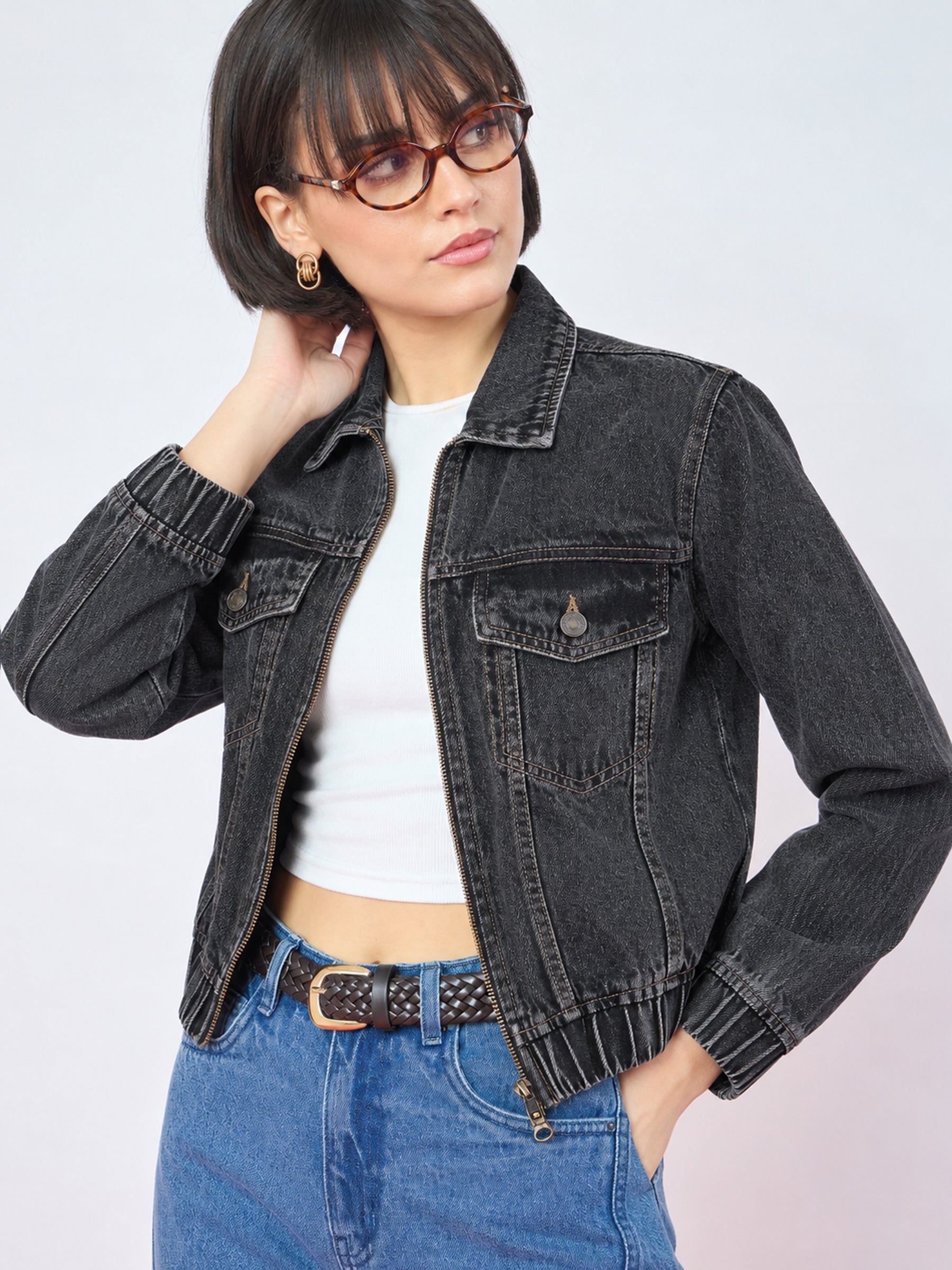 Black Double Side Zipper Denim Jacket-SASSAFRAS