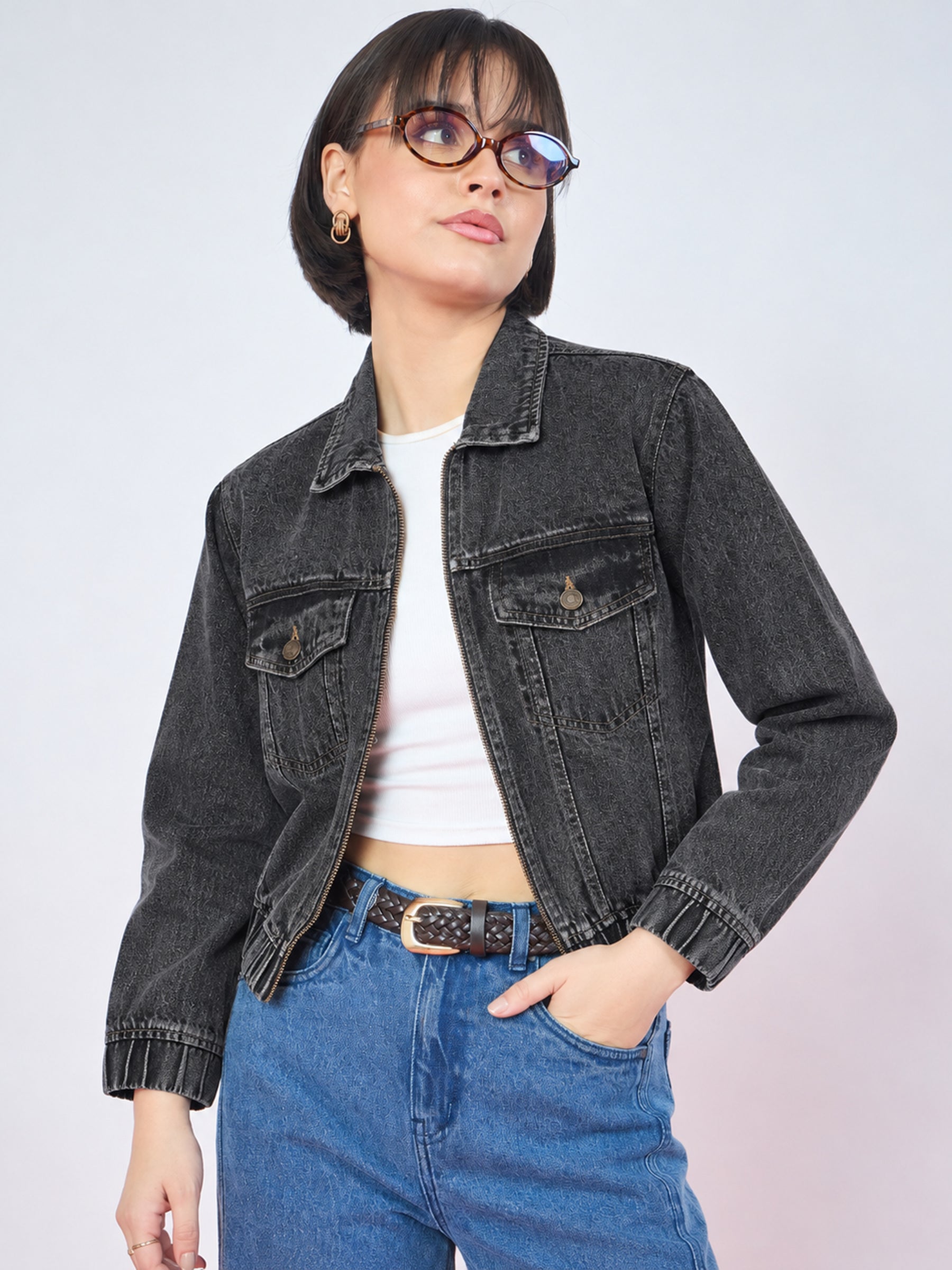 Black Double Side Zipper Denim Jacket-SASSAFRAS