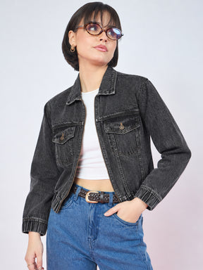 Black Double Side Zipper Denim Jacket-SASSAFRAS