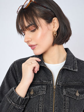 Black Double Side Zipper Denim Jacket-SASSAFRAS