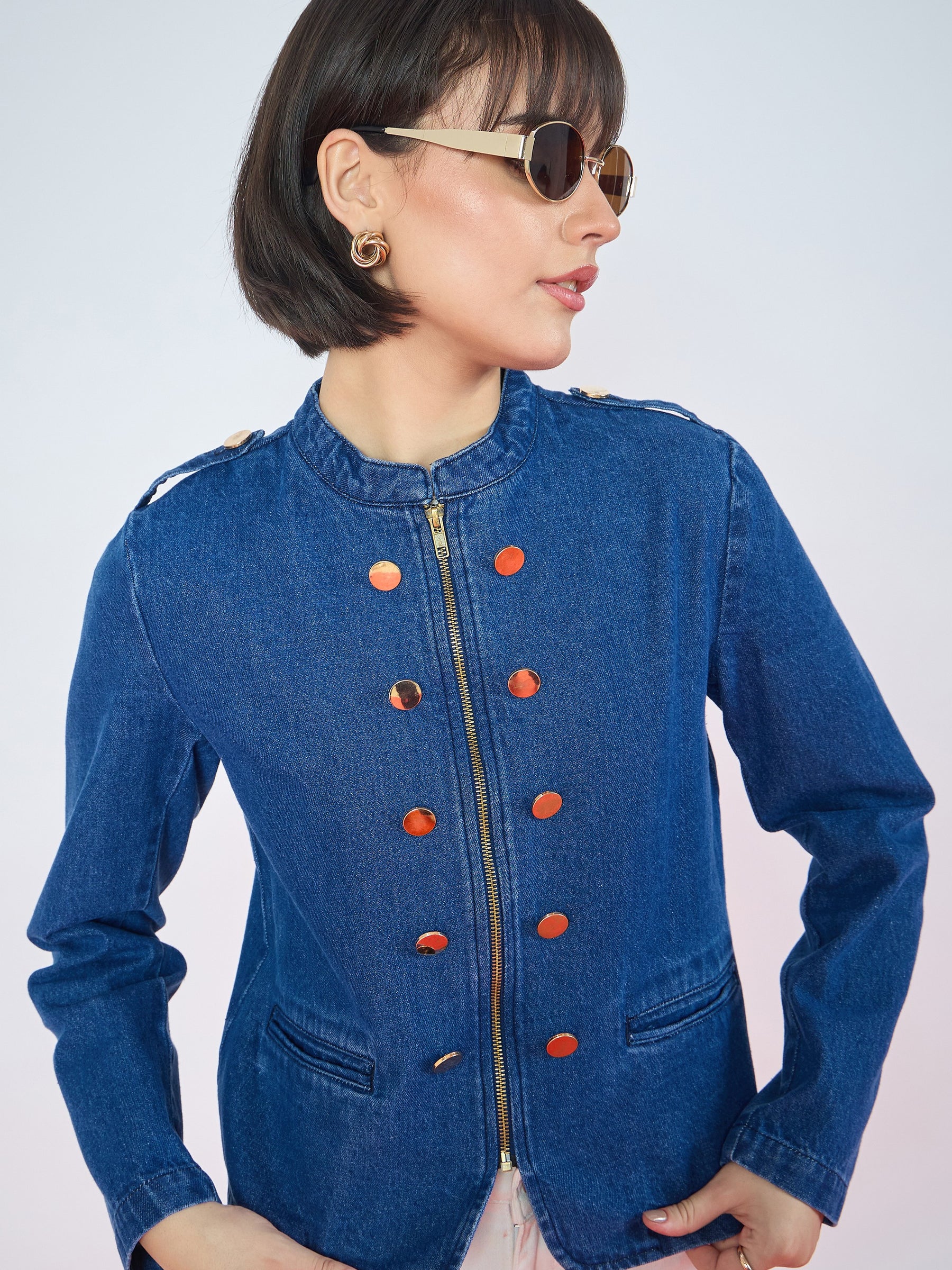 Blue Wash Bone Pocket Zipper Denim Jacket-SASSAFRAS