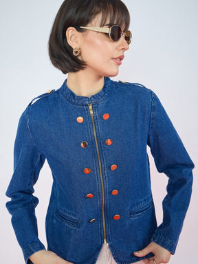 Blue Wash Bone Pocket Zipper Denim Jacket-SASSAFRAS