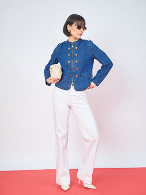Blue Wash Bone Pocket Zipper Denim Jacket-SASSAFRAS