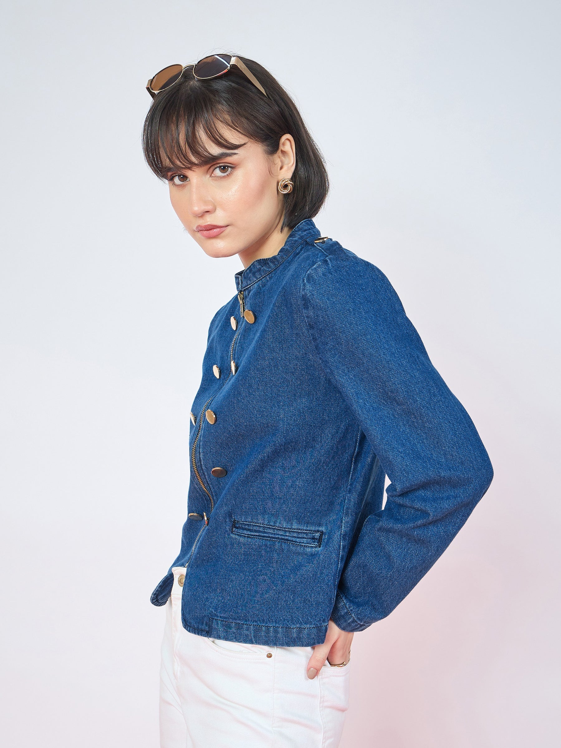 Blue Wash Bone Pocket Zipper Denim Jacket-SASSAFRAS
