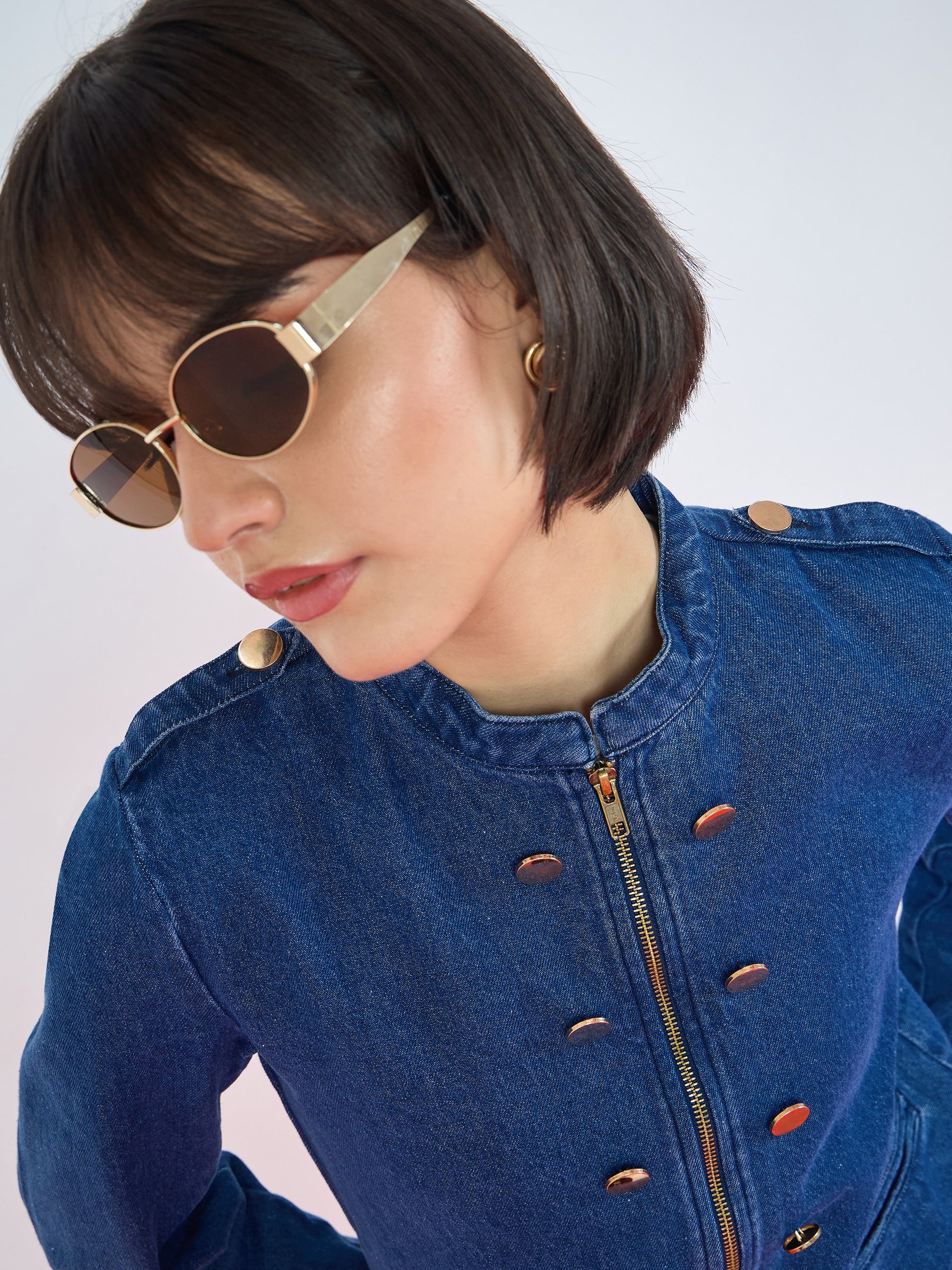 Blue Wash Bone Pocket Zipper Denim Jacket-SASSAFRAS