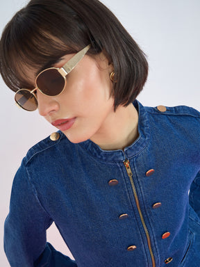 Blue Wash Bone Pocket Zipper Denim Jacket-SASSAFRAS