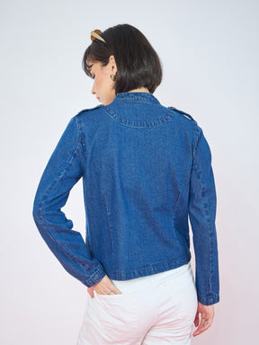 Blue Wash Bone Pocket Zipper Denim Jacket-SASSAFRAS