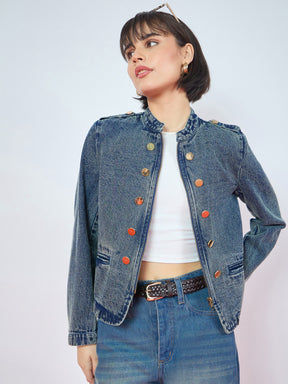 Blue Green Wash Bone Pocket Zipper Denim Jacket-SASSAFRAS