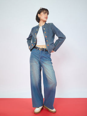 Blue Green Wash Bone Pocket Zipper Denim Jacket-SASSAFRAS