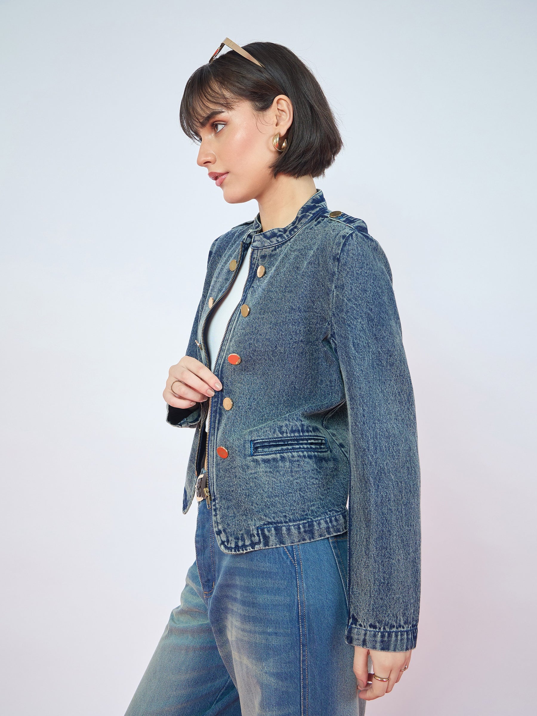 Blue Green Wash Bone Pocket Zipper Denim Jacket-SASSAFRAS