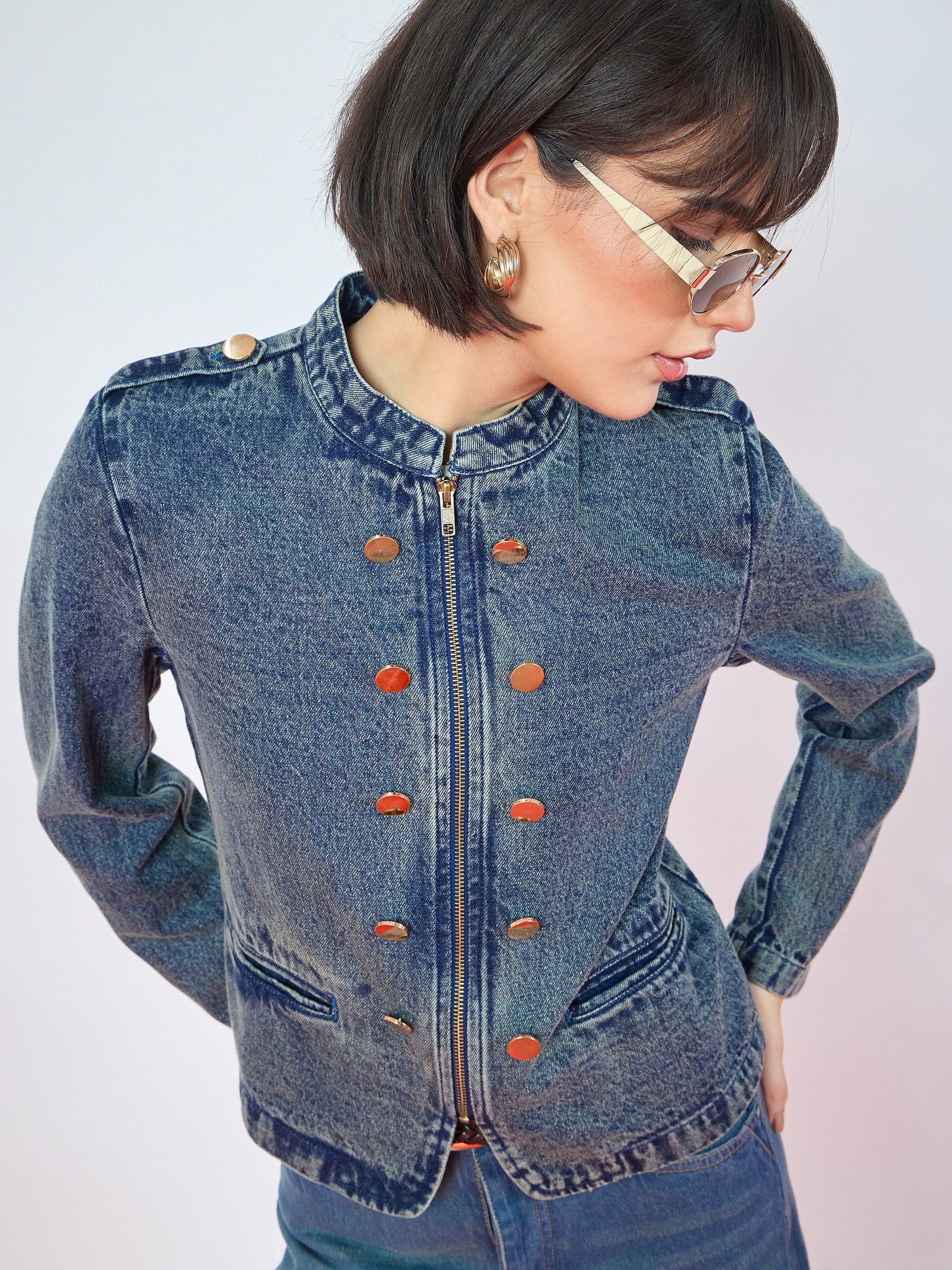 Blue Green Wash Bone Pocket Zipper Denim Jacket-SASSAFRAS