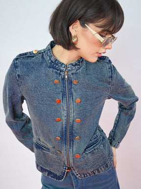 Blue Green Wash Bone Pocket Zipper Denim Jacket-SASSAFRAS