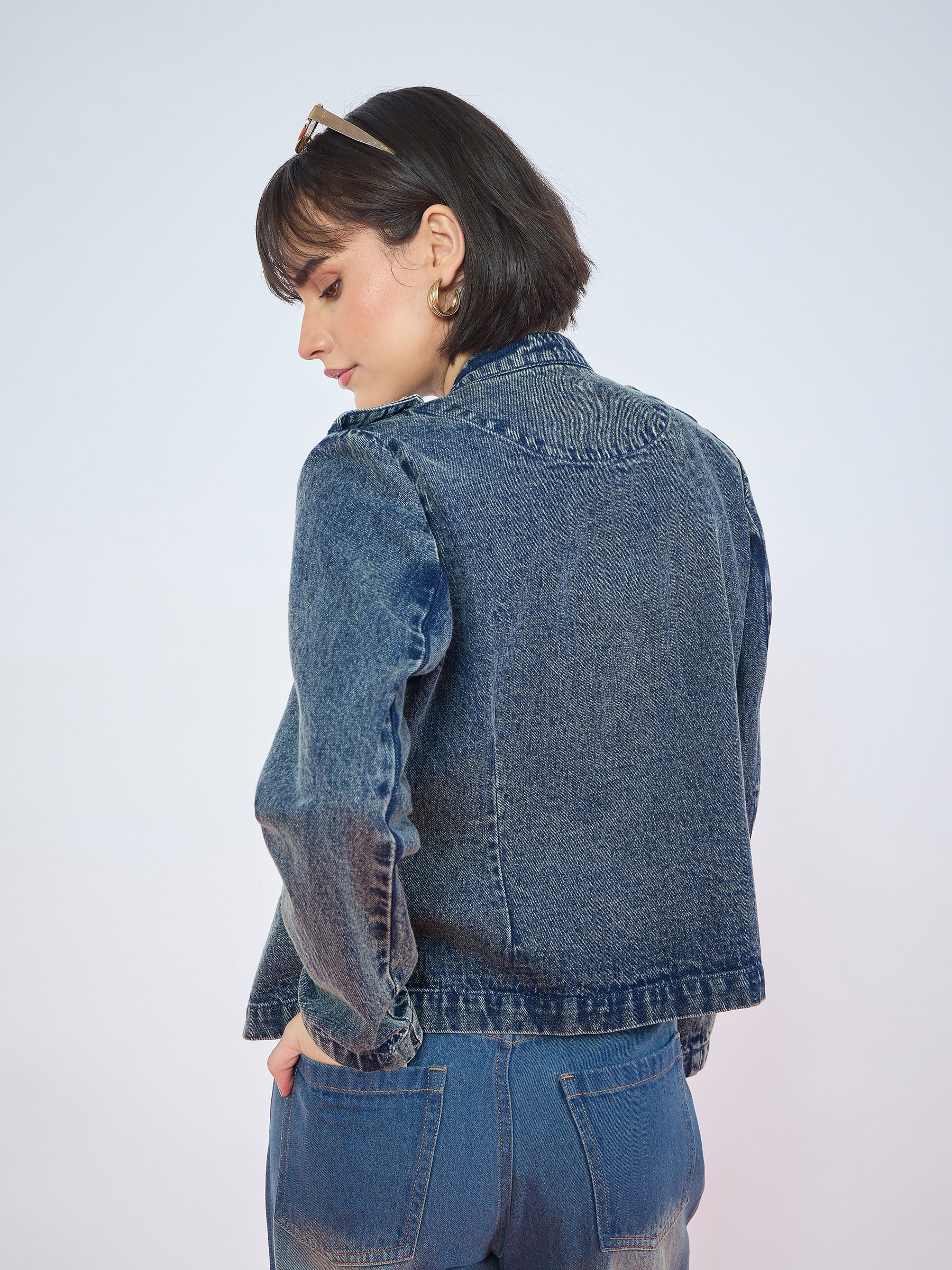 Blue Green Wash Bone Pocket Zipper Denim Jacket-SASSAFRAS