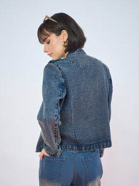 Blue Green Wash Bone Pocket Zipper Denim Jacket-SASSAFRAS