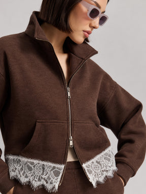 Brown Melange Fleece Double-Zipper Lace Jacket -SASSAFRAS