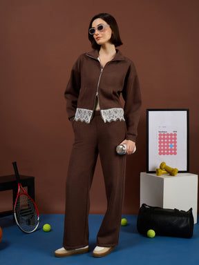 Brown Melange Fleece Double-Zipper Lace Jacket -SASSAFRAS
