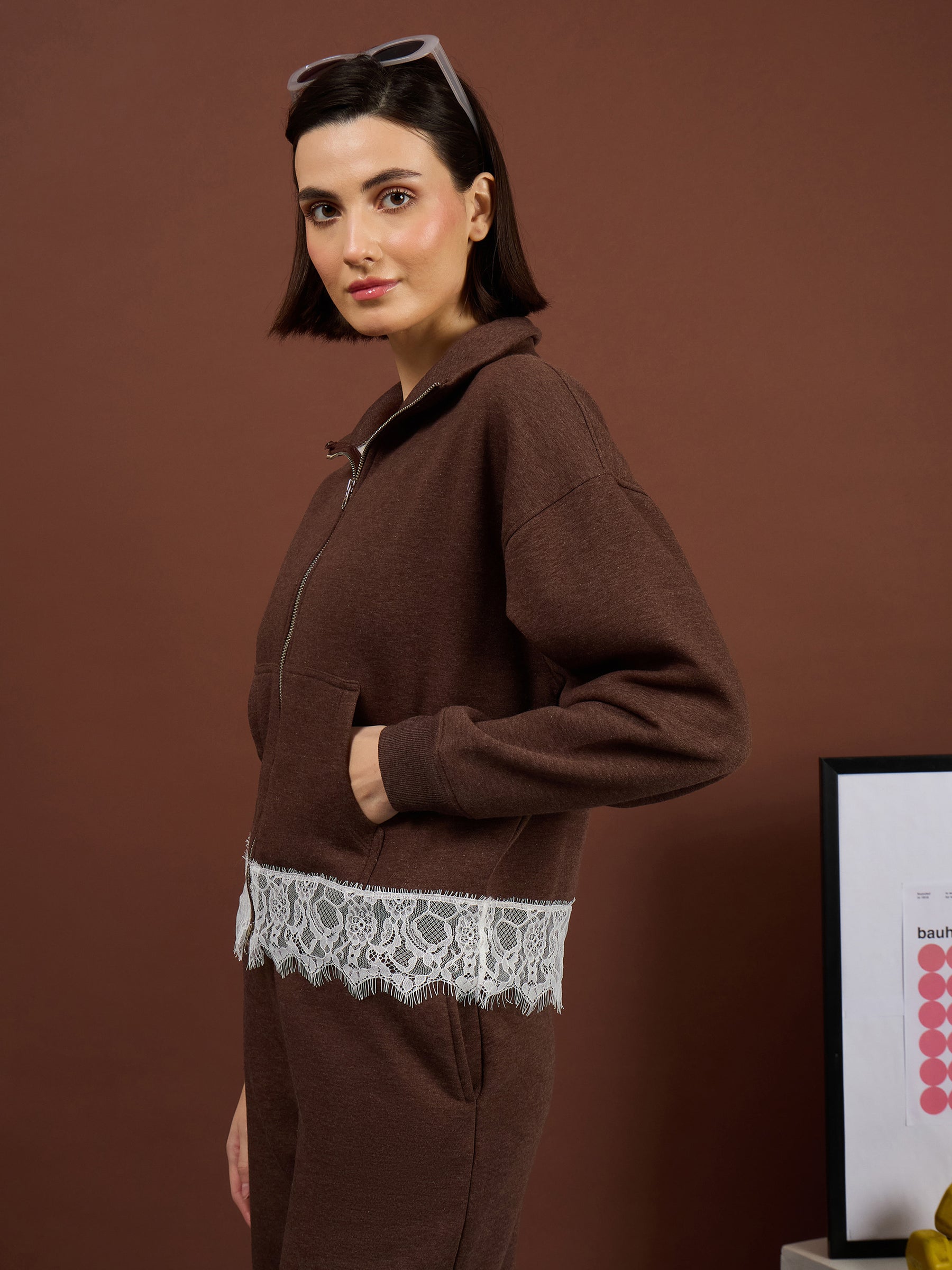 Brown Melange Fleece Double-Zipper Lace Jacket -SASSAFRAS