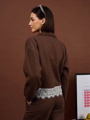 Brown Melange Fleece Double-Zipper Lace Jacket -SASSAFRAS