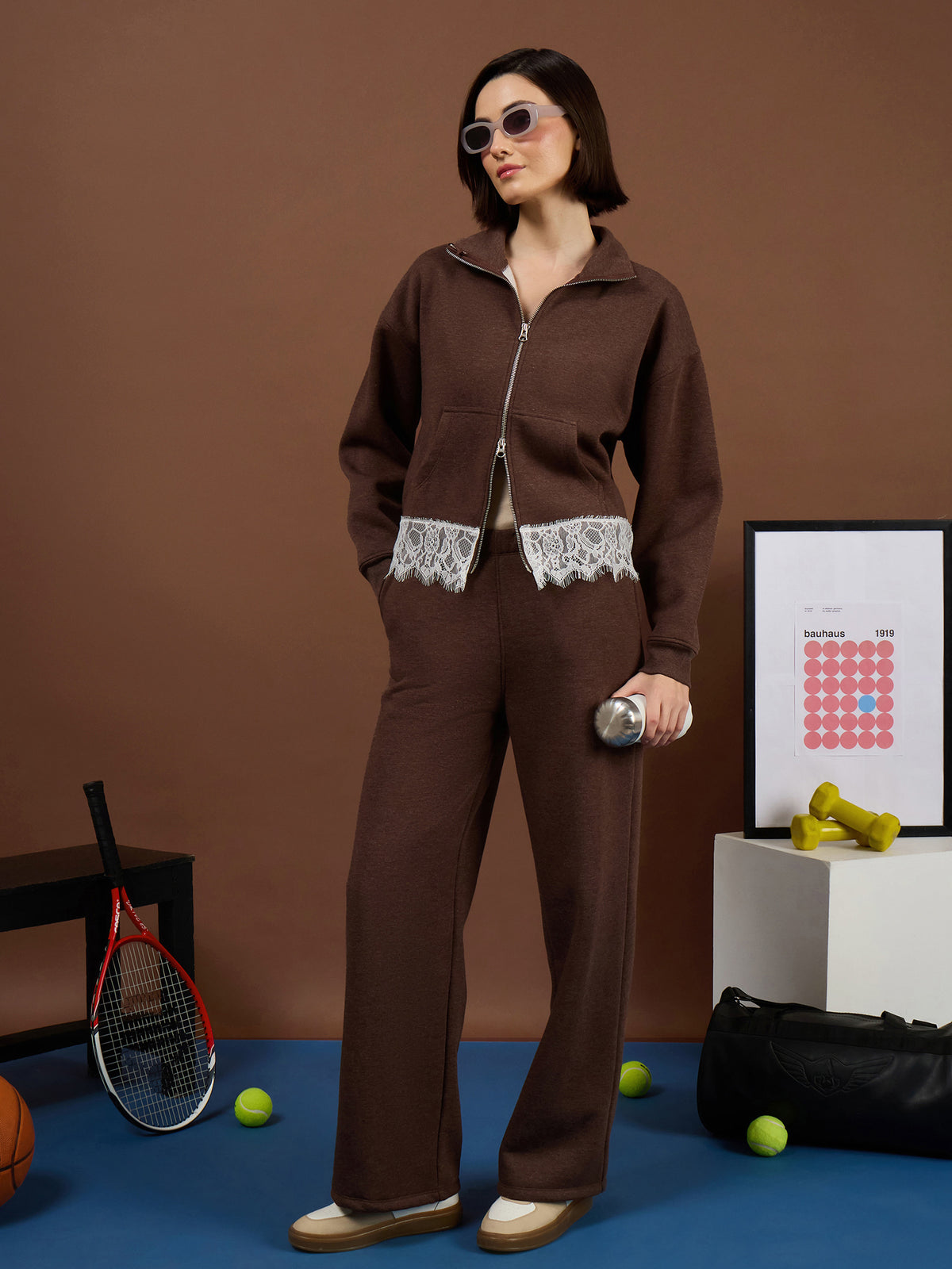 Brown Melange Fleece Double-Zipper Lace Jacket With Track Pants-SASSAFRAS