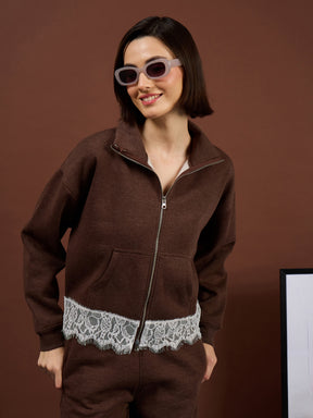 Brown Melange Fleece Double-Zipper Lace Jacket With Track Pants-SASSAFRAS