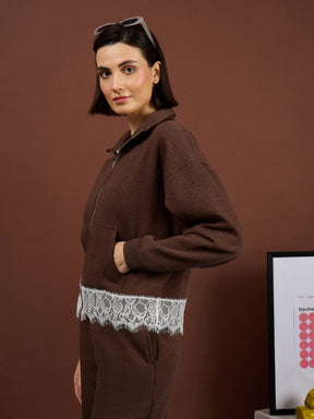 Brown Melange Fleece Double-Zipper Lace Jacket With Track Pants-SASSAFRAS