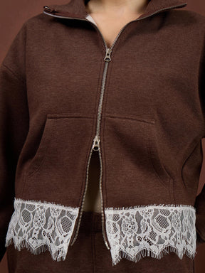Brown Melange Fleece Double-Zipper Lace Jacket With Track Pants-SASSAFRAS