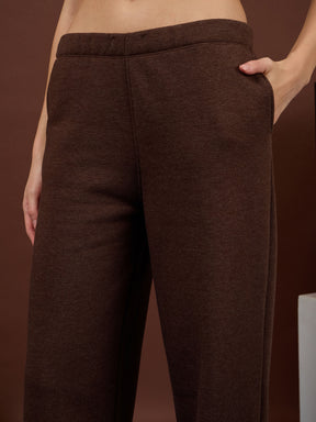 Brown Melange Fleece Double-Zipper Lace Jacket With Track Pants-SASSAFRAS