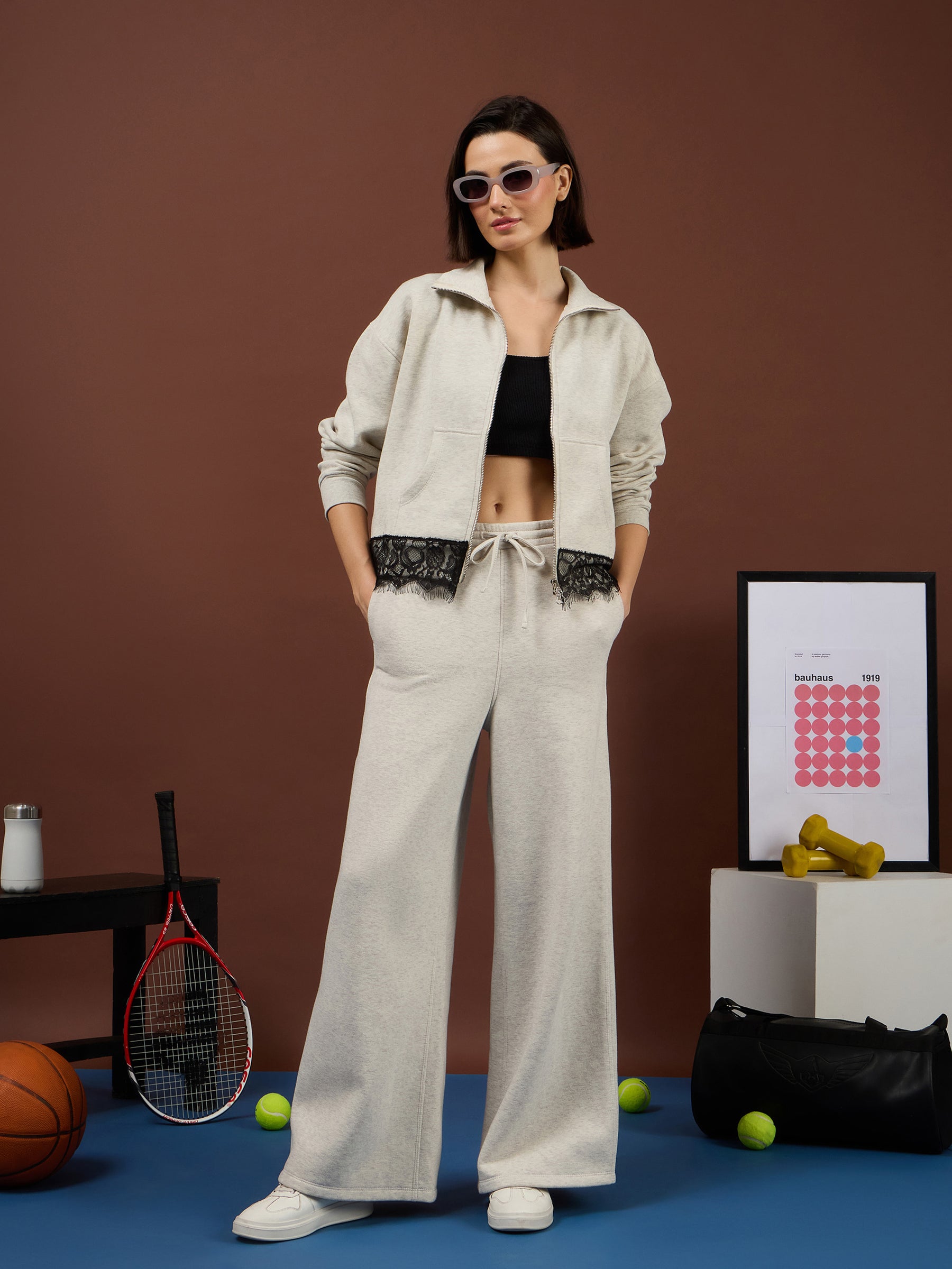 Off-White Melange Fleece Double-Zipper Lace Jacket -SASSAFRAS
