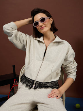 Off-White Melange Fleece Double-Zipper Lace Jacket -SASSAFRAS