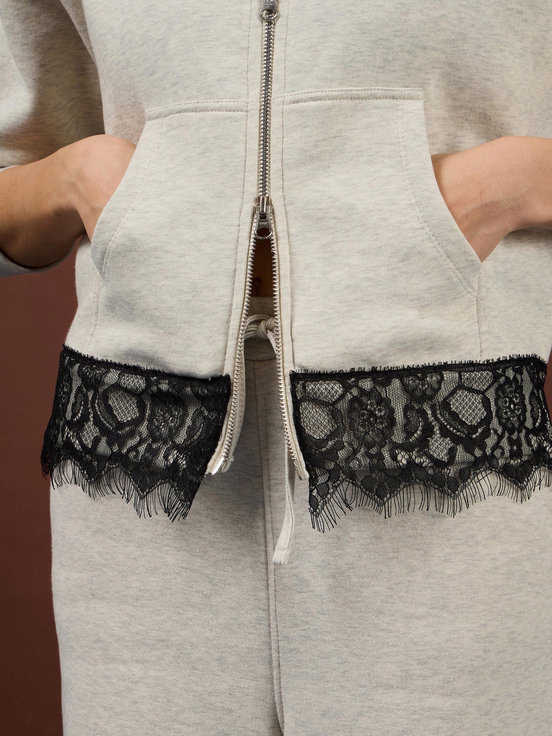 Off-White Melange Fleece Double-Zipper Lace Jacket -SASSAFRAS