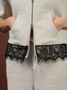 Off-White Melange Fleece Double-Zipper Lace Jacket -SASSAFRAS