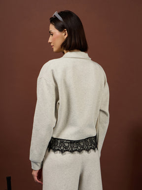 Off-White Melange Fleece Double-Zipper Lace Jacket -SASSAFRAS