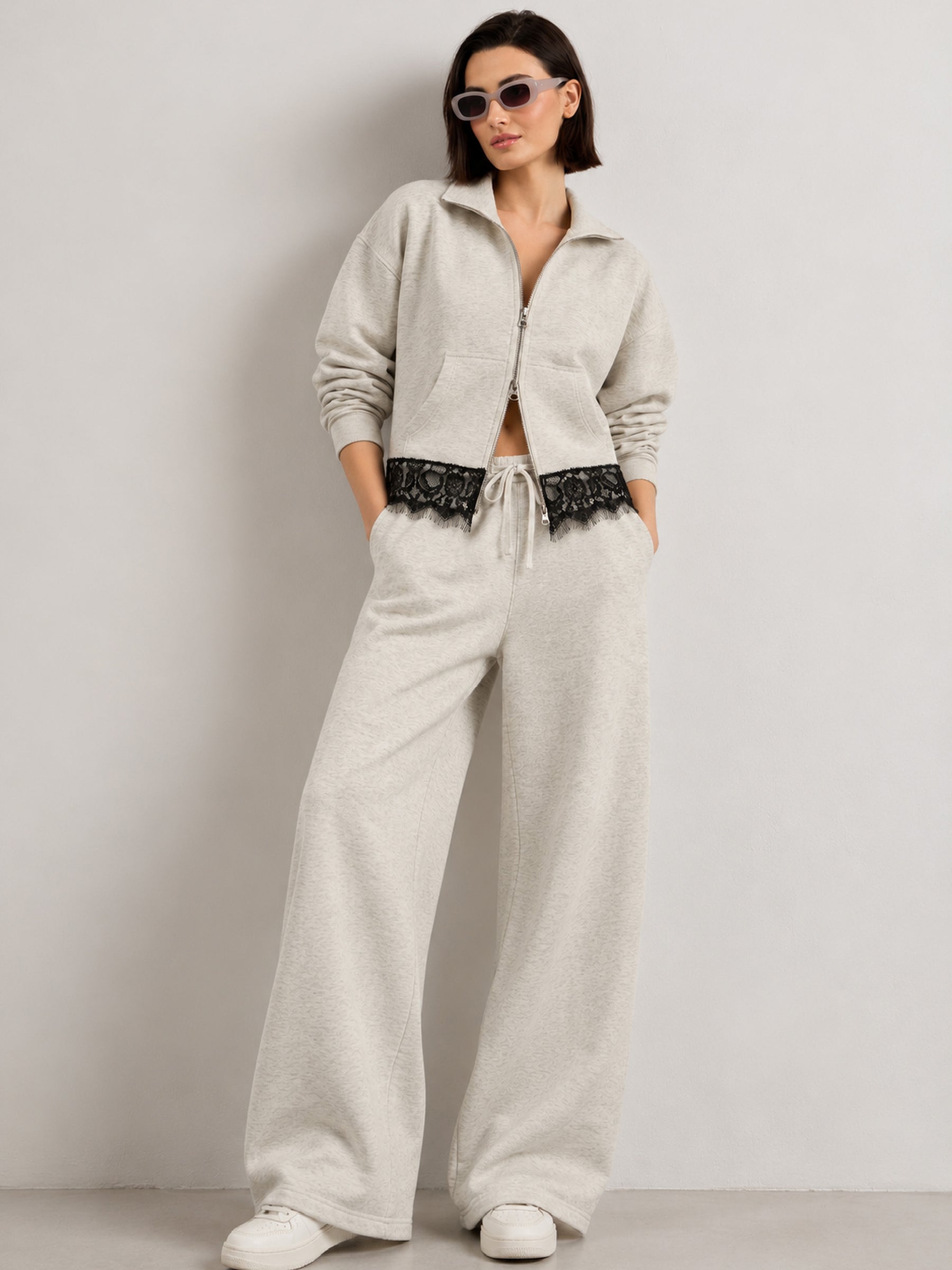 Off-White Melange Fleece Double-Zipper Lace Jacket With Track Pants-SASSAFRAS