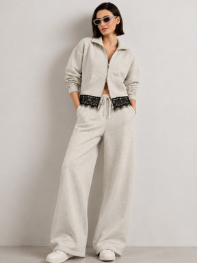 Off-White Melange Fleece Double-Zipper Lace Jacket With Track Pants-SASSAFRAS