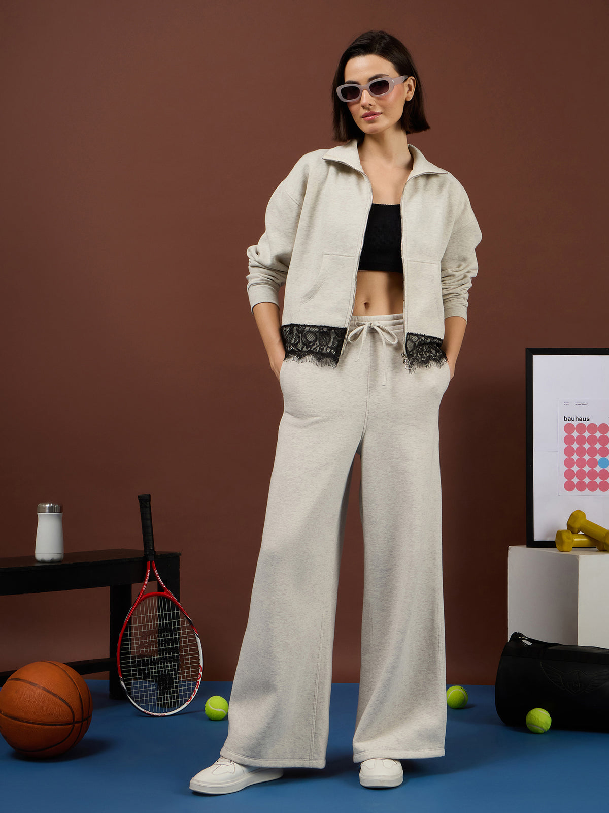 Off-White Melange Fleece Double-Zipper Lace Jacket With Track Pants-SASSAFRAS
