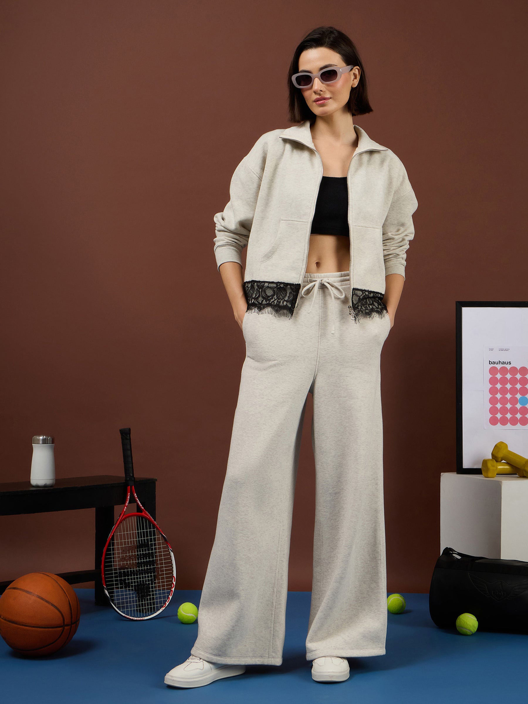 Off-White Melange Fleece Double-Zipper Lace Jacket With Track Pants-SASSAFRAS