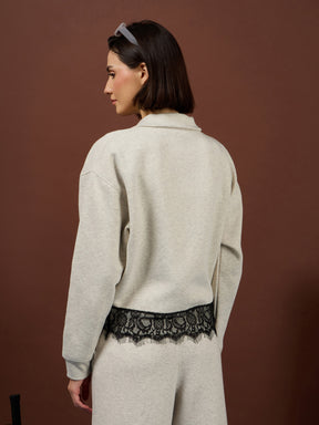 Off-White Melange Fleece Double-Zipper Lace Jacket With Track Pants-SASSAFRAS