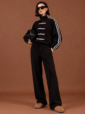 Black Polar Fleece White Loop Jacket With Track Pants-SASSAFRAS