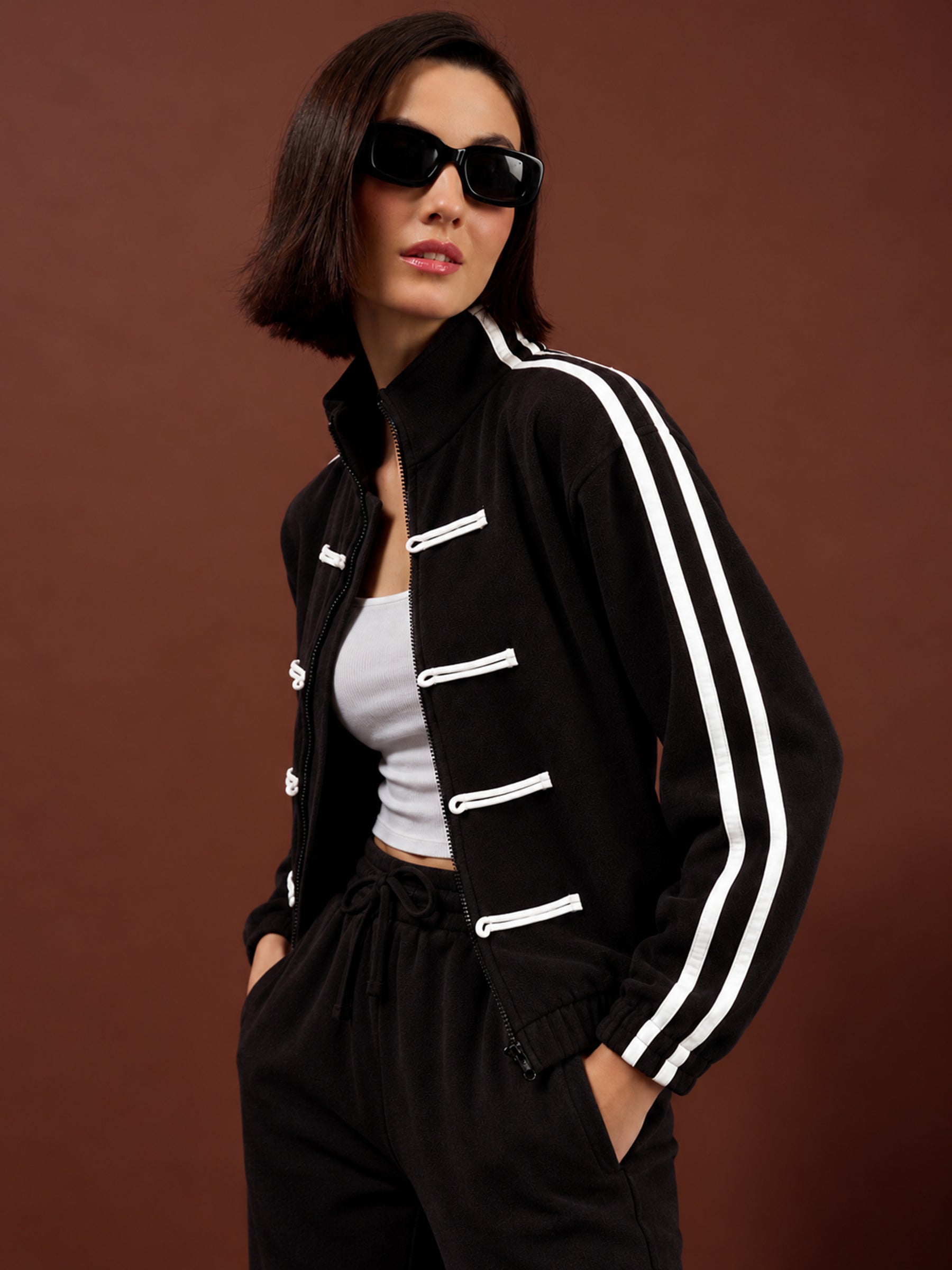 Black Polar Fleece White Loop Jacket With Track Pants-SASSAFRAS