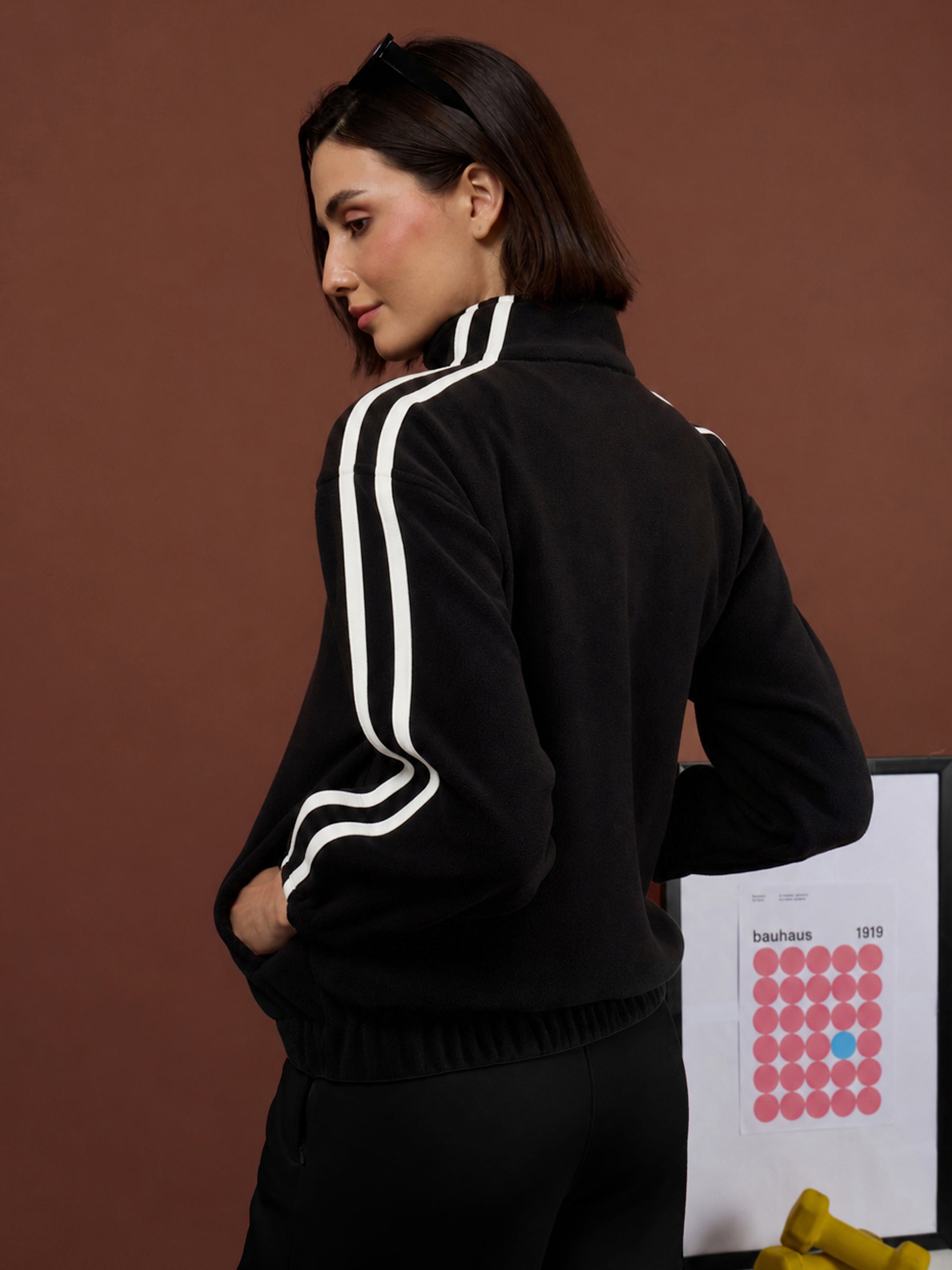 Black Polar Fleece White Loop Jacket With Track Pants-SASSAFRAS