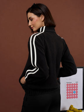 Black Polar Fleece White Loop Jacket With Track Pants-SASSAFRAS