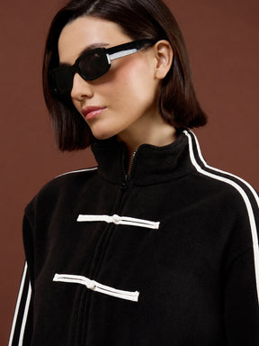 Black Polar Fleece White Loop Jacket With Track Pants-SASSAFRAS