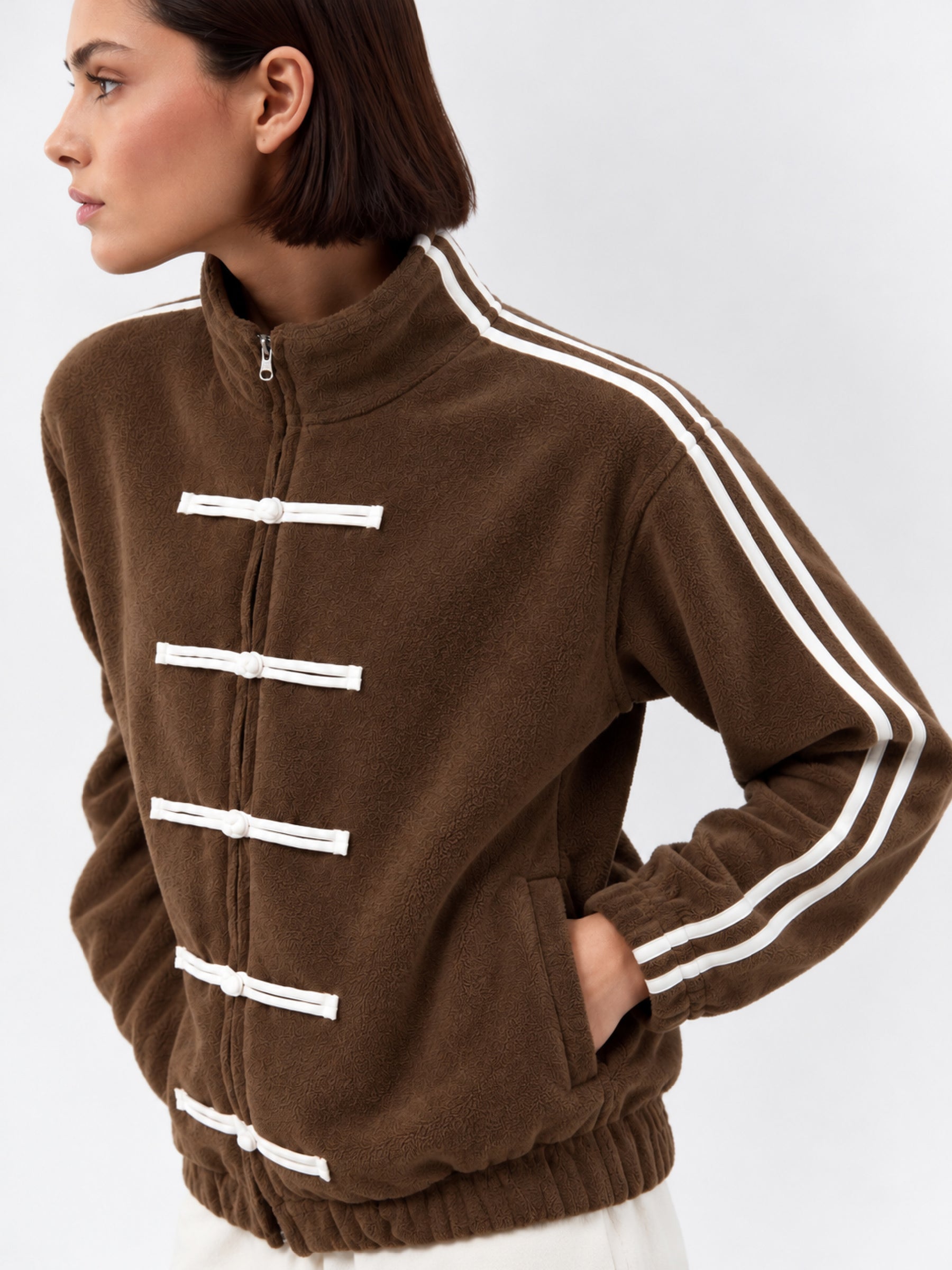 Brown Polar Fleece White Loop Jacket-SASSAFRAS