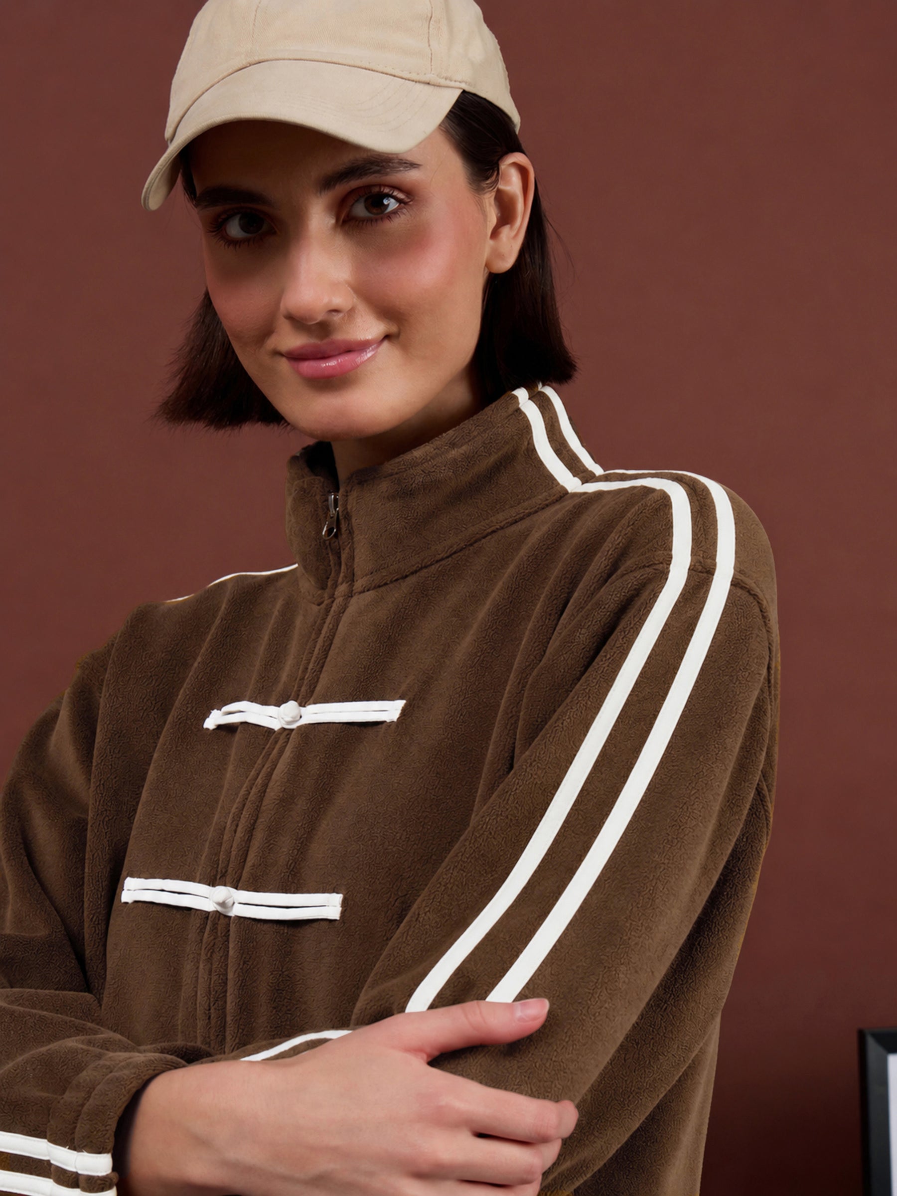 Brown Polar Fleece White Loop Jacket-SASSAFRAS