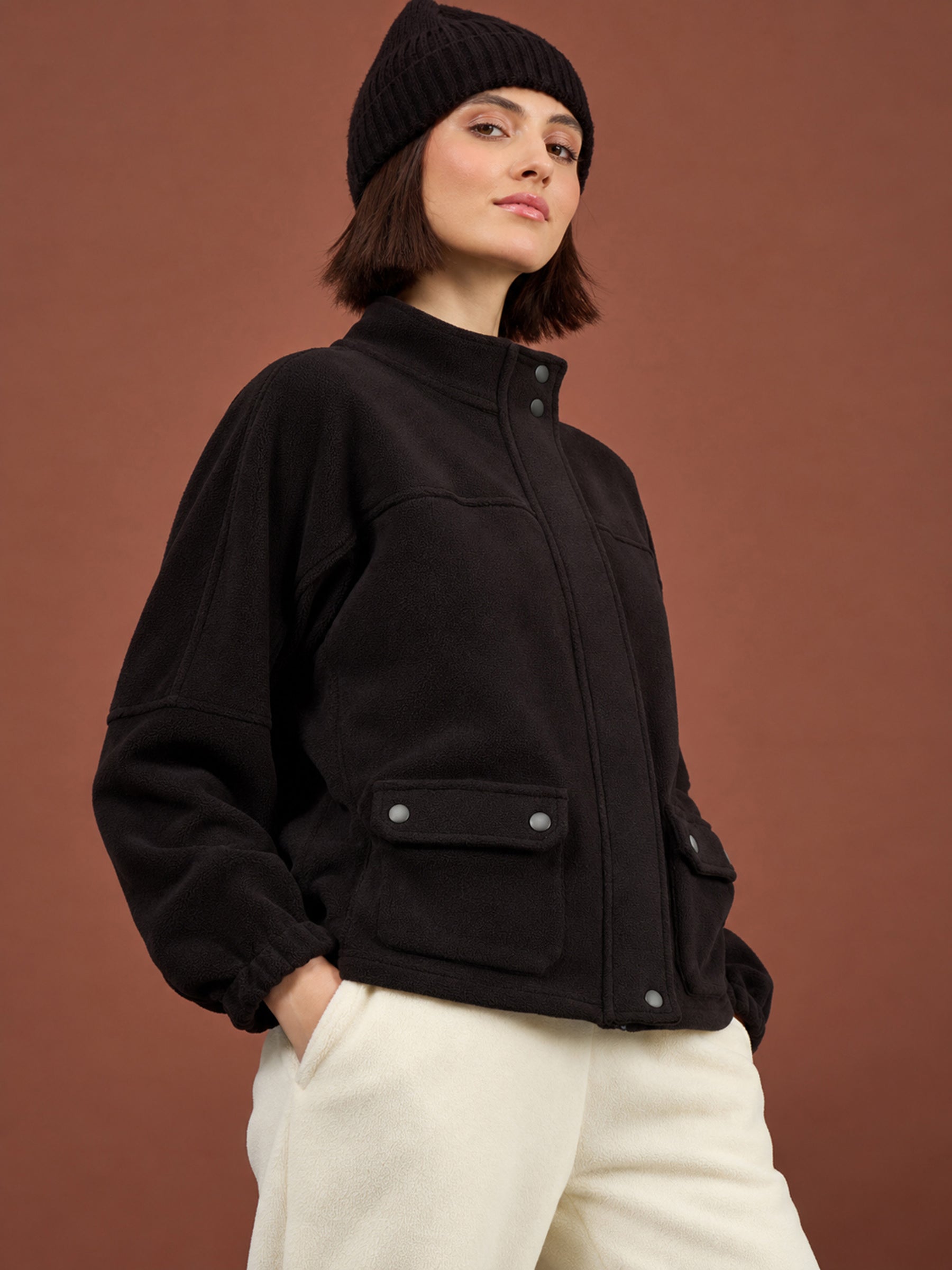 Black Polar Fleece Flap Pocket Jacket -SASSAFRAS